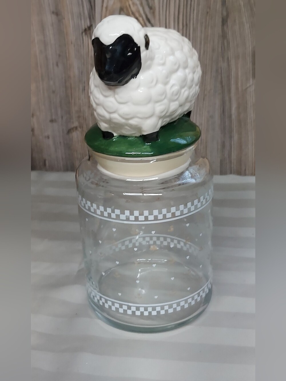 Vintage Glass Treat Jar with Ceramic Sheep Topper Lid- Cottagecore Farmhouse